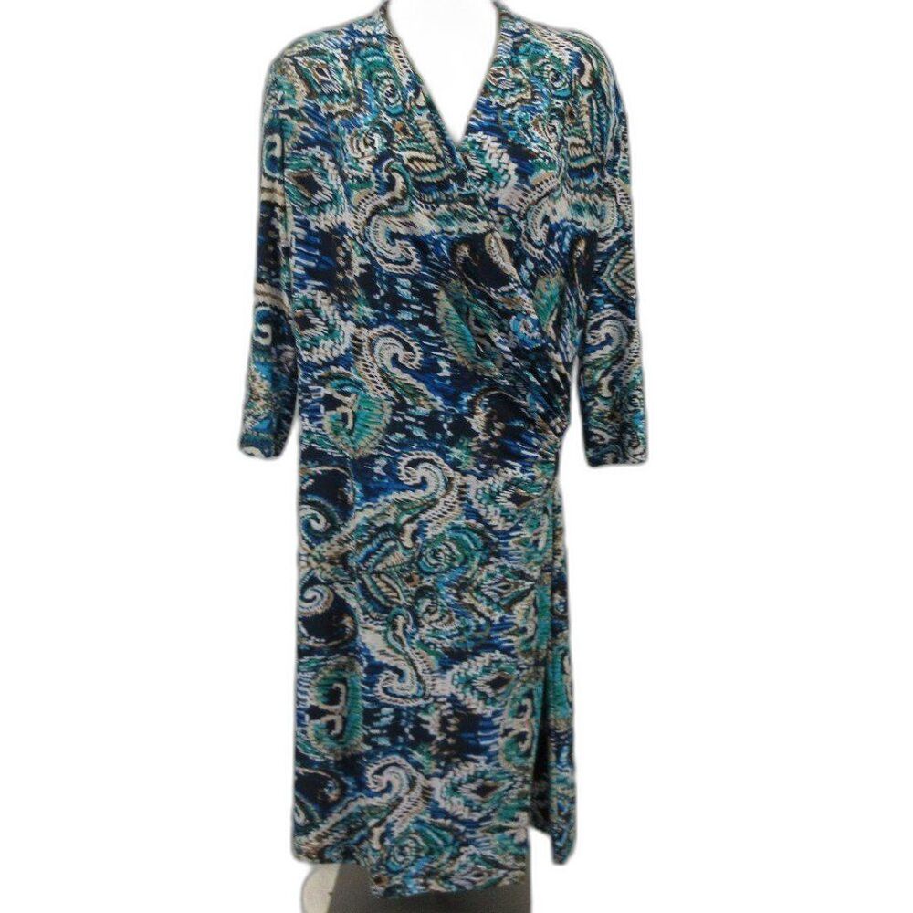 EVAN PICONE Jersey Knit Faux Wrap Dress Womens 12 Blue Geometric‎ Paisley Print1